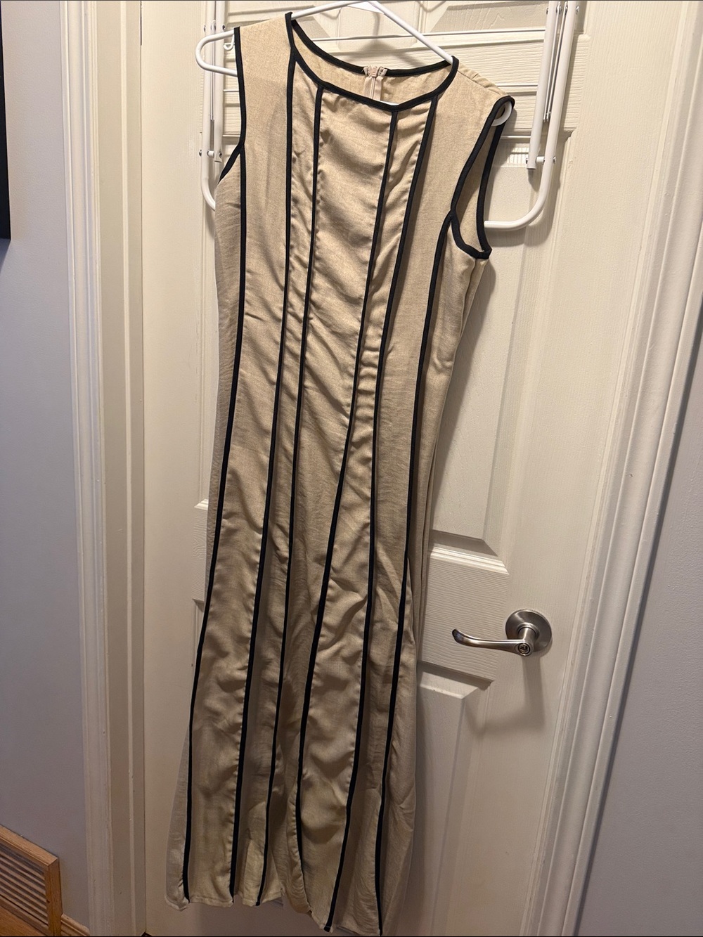 SHEIN Cream Midi Dress with Black Vertical Trim